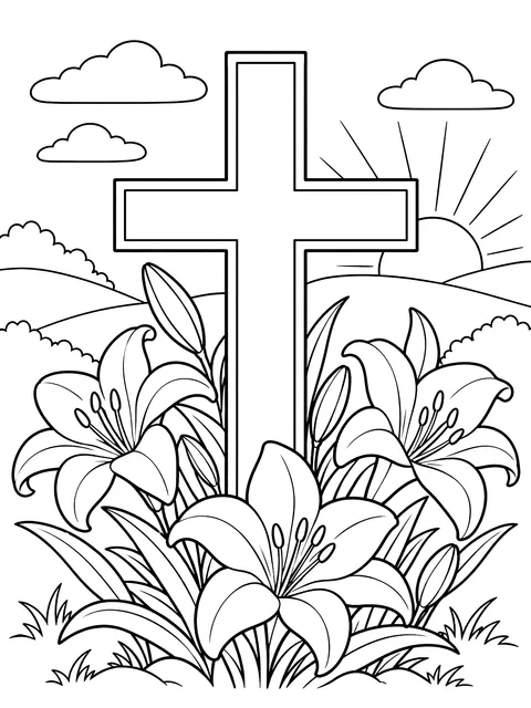 Cross with Easter lilies coloring page