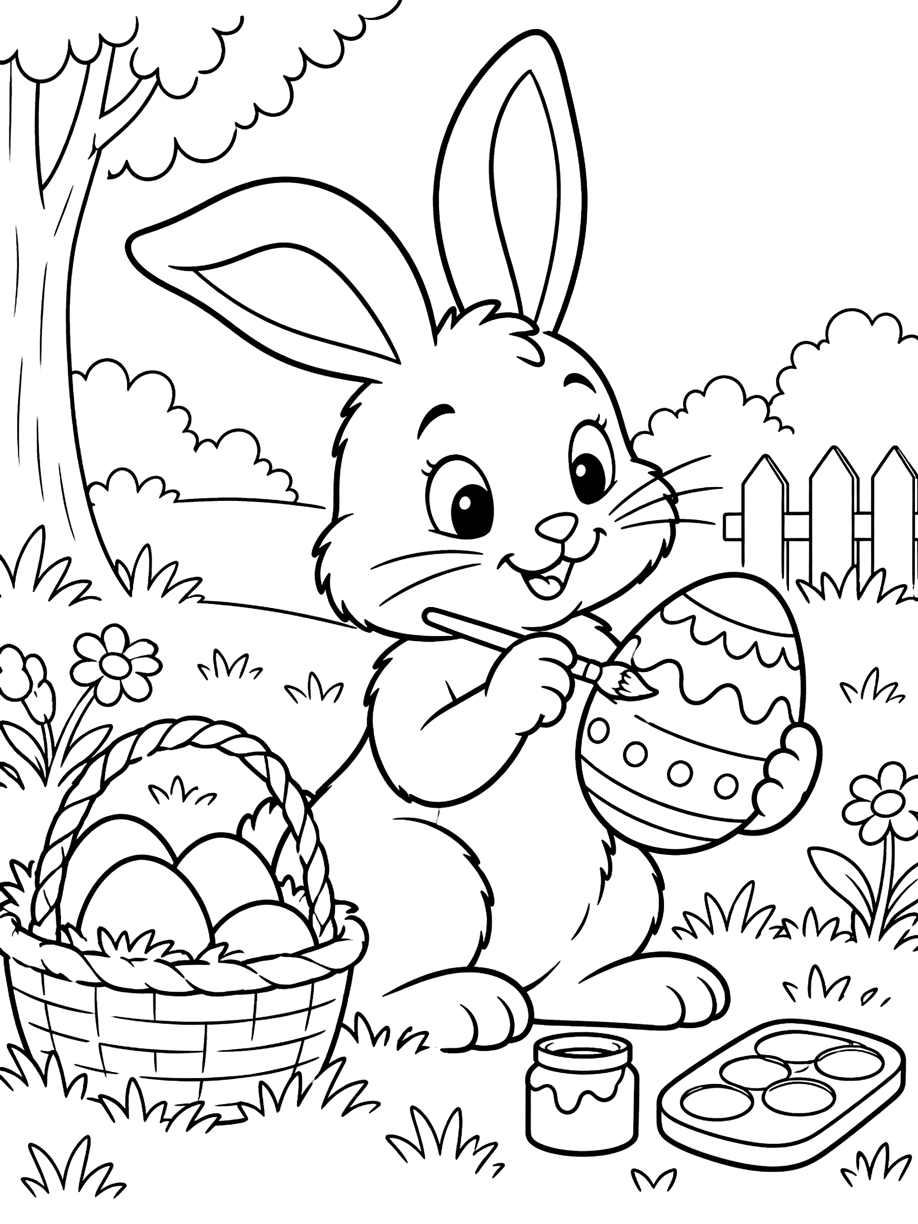 Bunny painting an egg coloring page