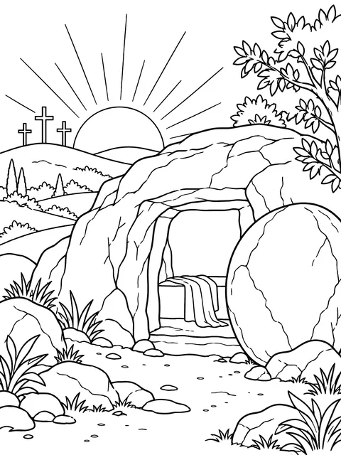 Empty tomb at sunrise coloring page
