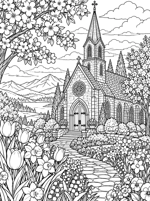Detailed Church with spring flowers coloring page