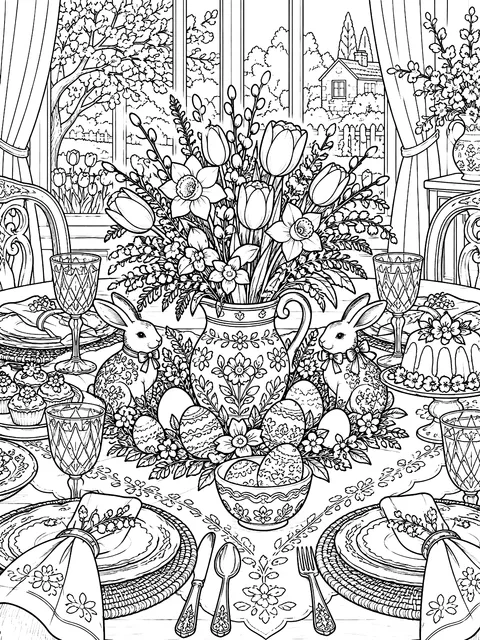 Detailed Easter lunch table with a centerpiece coloring page