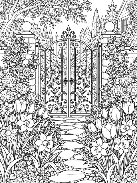 Detailed Garden gate with tulips and daffodils coloring page
