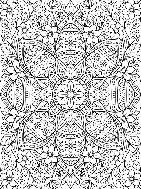 Detailed Easter mandala with eggs and flowers coloring page