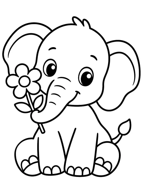 Easy Baby elephant holding a flower coloring page