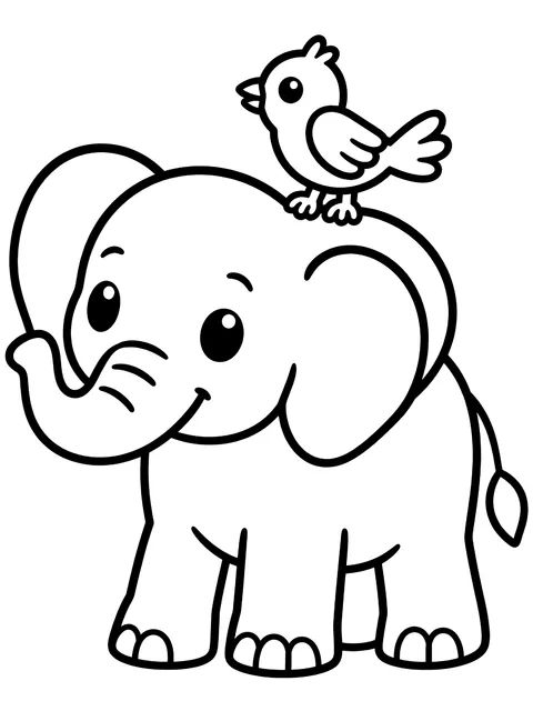 Easy Elephant with a bird on its back coloring page
