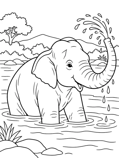 Asian elephant bathing in a river coloring page