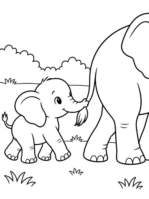 Baby elephant holding its mother's tail coloring page
