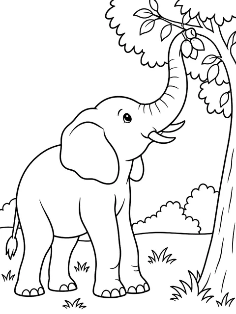 Elephant reaching into a tree with its trunk coloring page