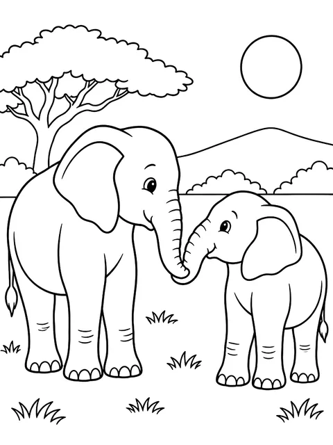 Two elephants touching trunks coloring page
