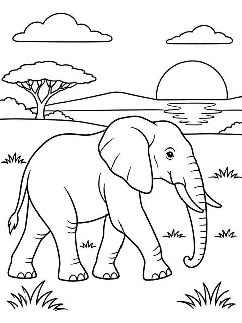 Elephant walking at sunset coloring page