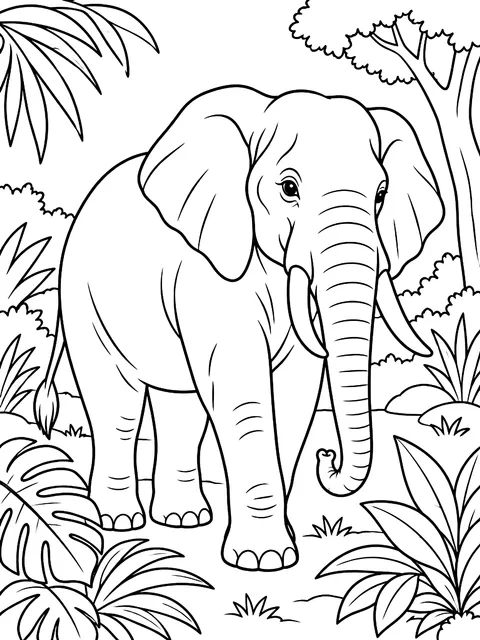 Forest elephant among jungle plants coloring page