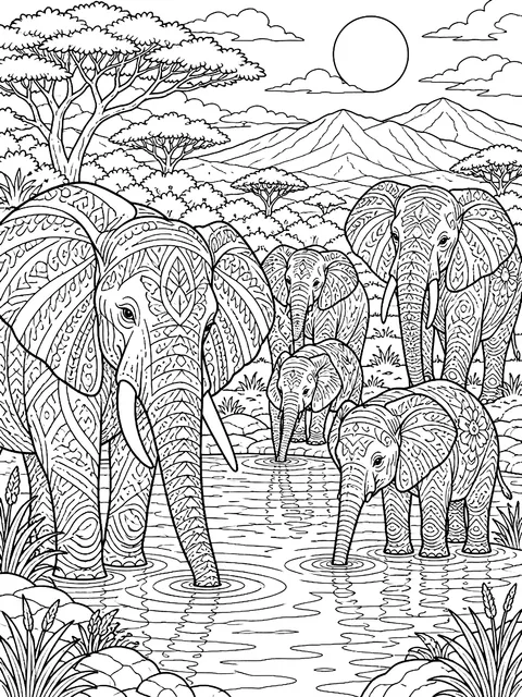 Detailed Elephant herd at a waterhole coloring page
