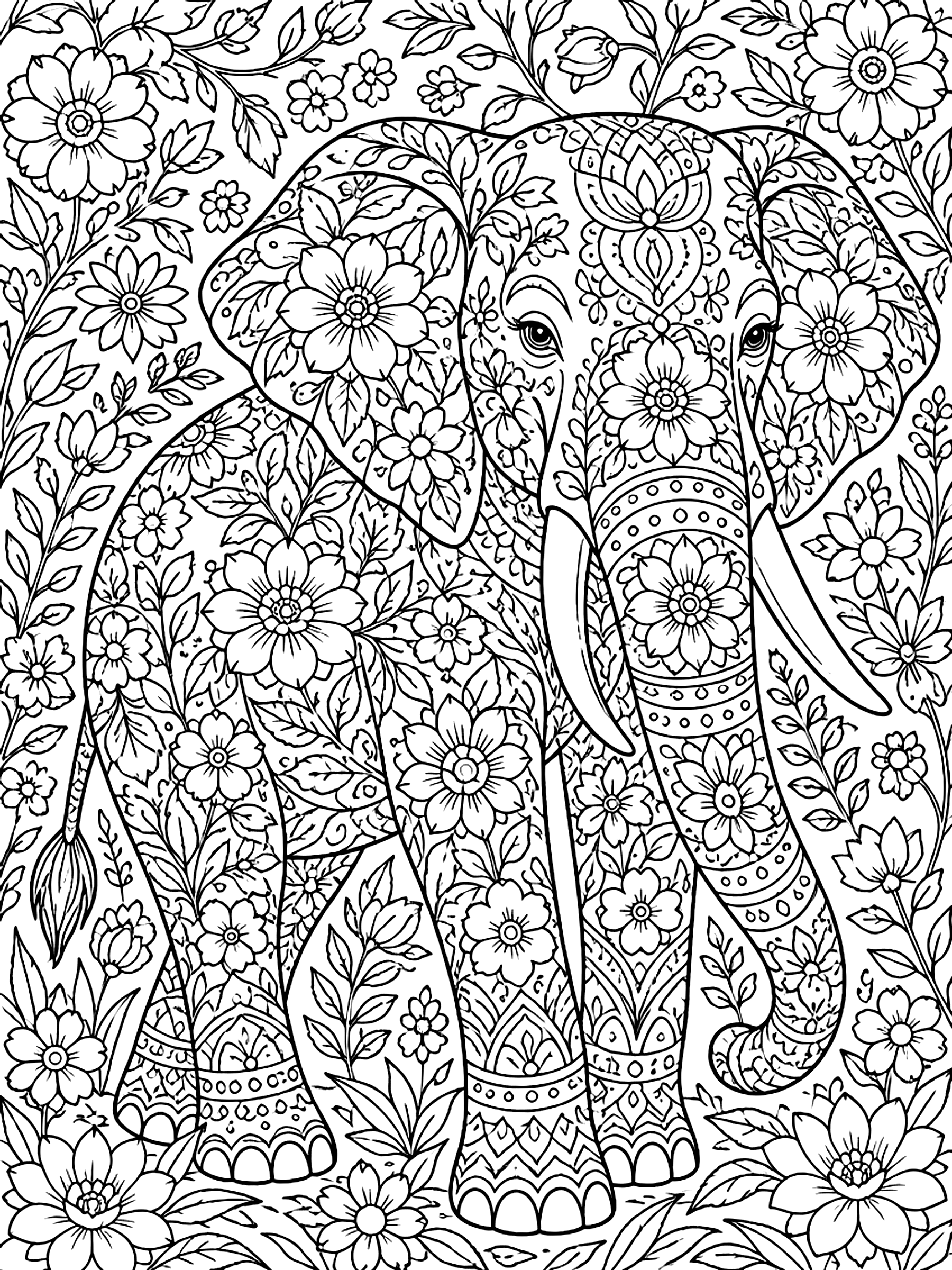 Detailed Elephant covered in flowers coloring page