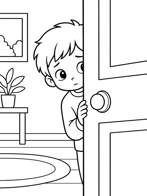 Shy kid peeking from behind a door coloring page