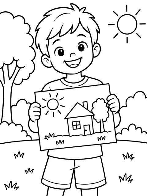 Proud kid holding a drawing coloring page