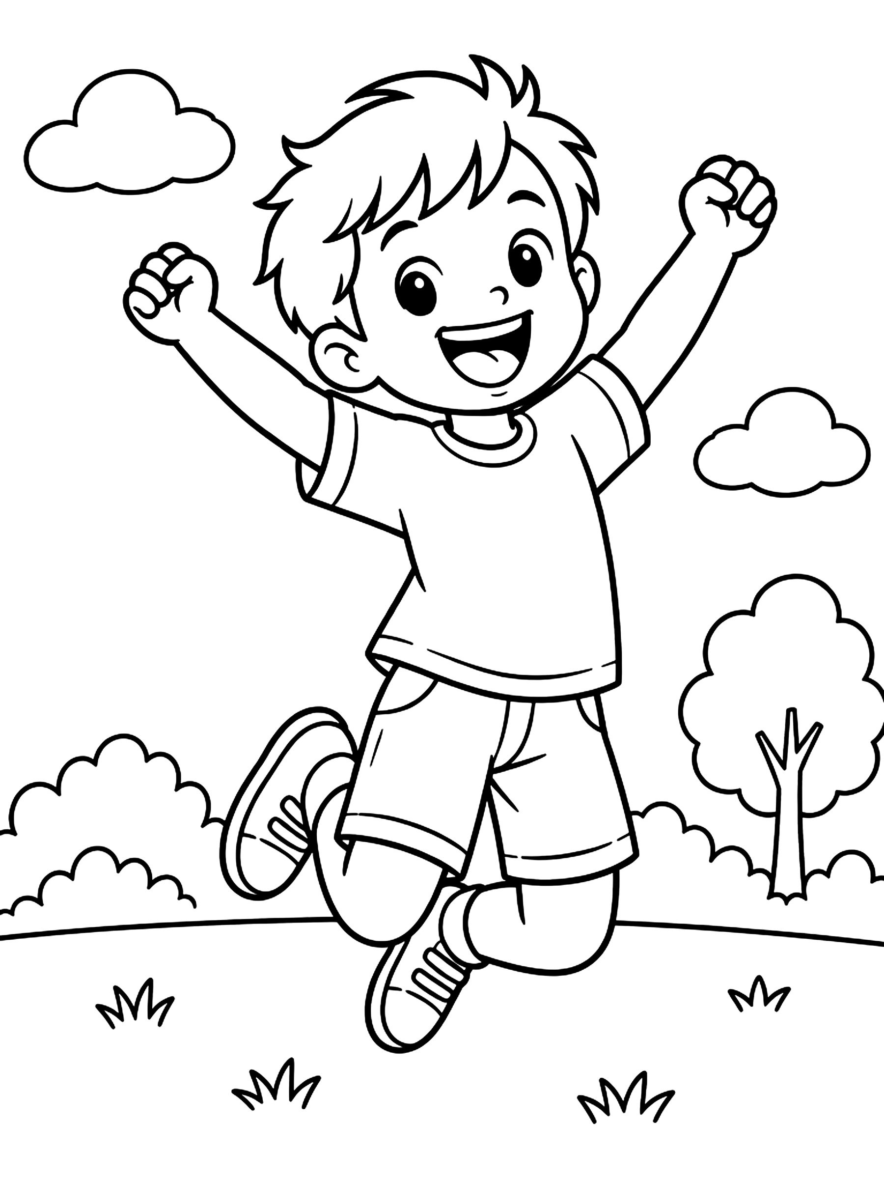 Excited kid jumping coloring page