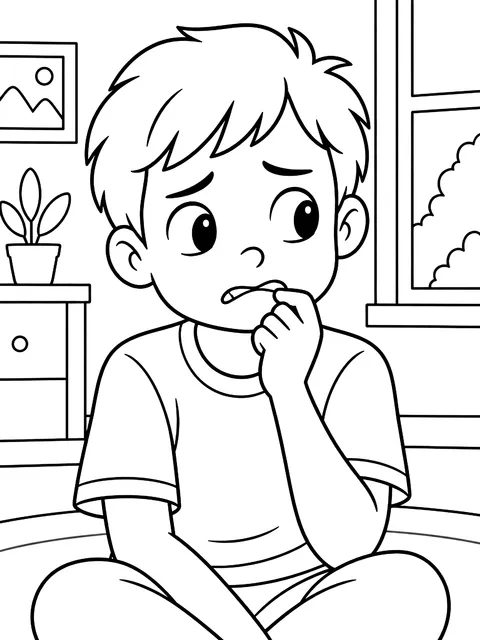 Worried kid biting a lip coloring page