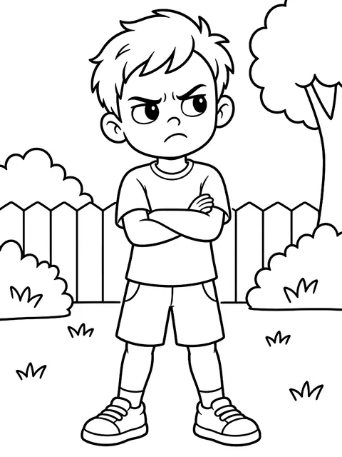 Frustrated kid with crossed arms coloring page