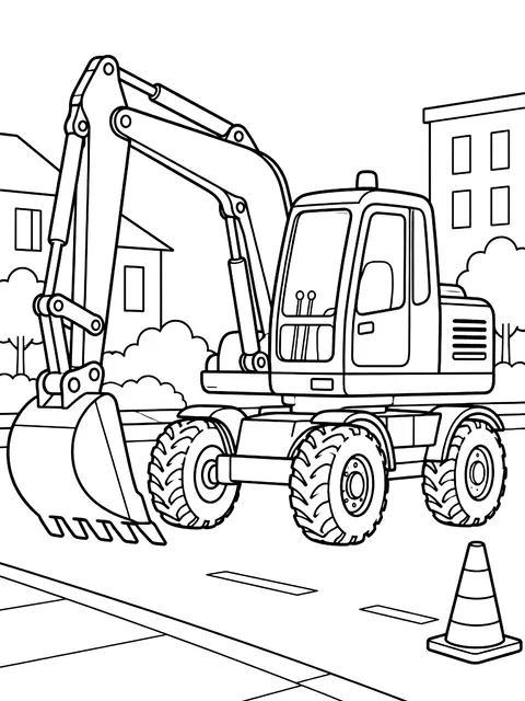Wheeled excavator on a street coloring page