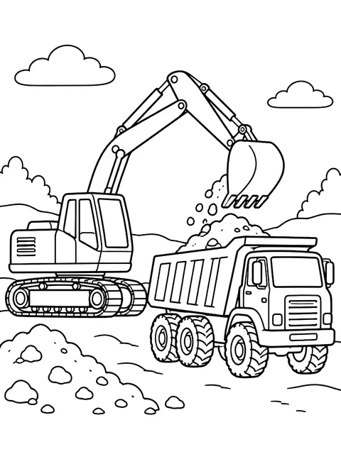 Excavator loading a dump truck coloring page