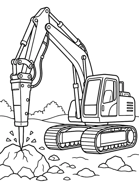 Excavator with a hydraulic hammer coloring page