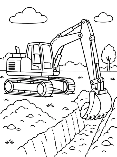 Excavator digging a trench coloring page