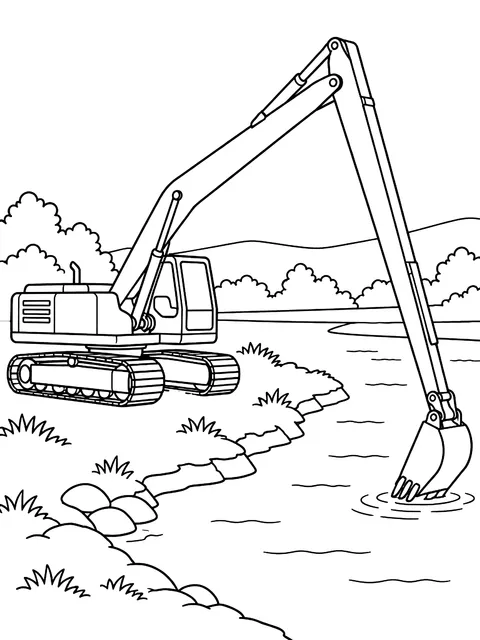 Long-reach excavator by a river coloring page