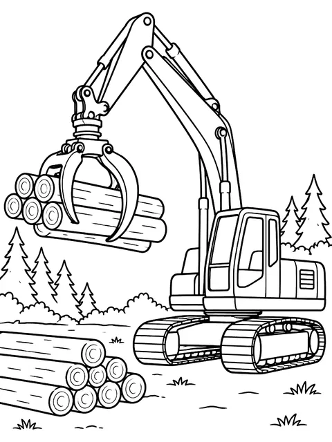 Excavator with a grapple lifting logs coloring page