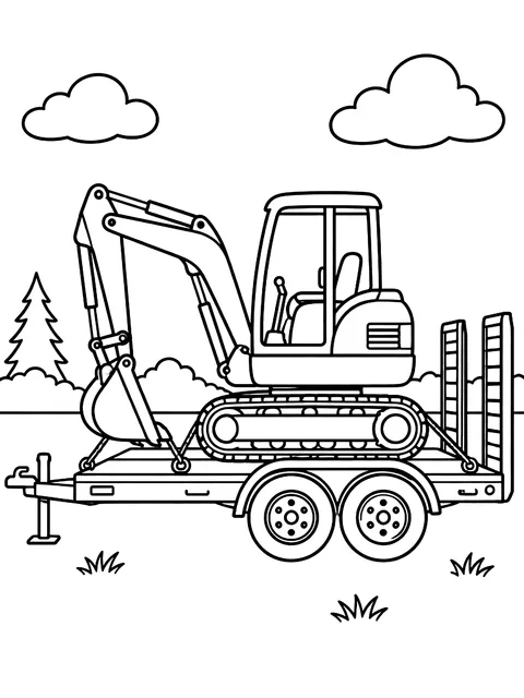 Mini excavator on a trailer coloring page