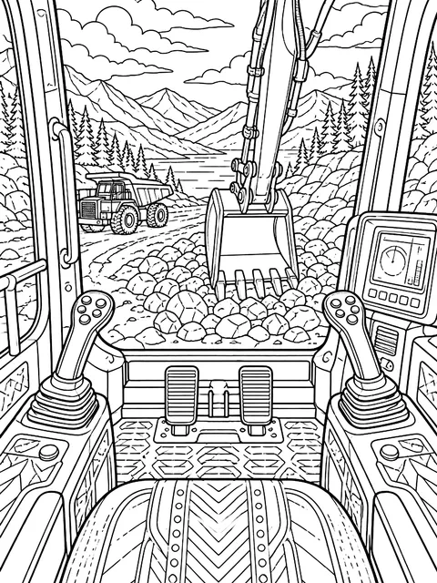 Detailed Inside the cab with joysticks coloring page