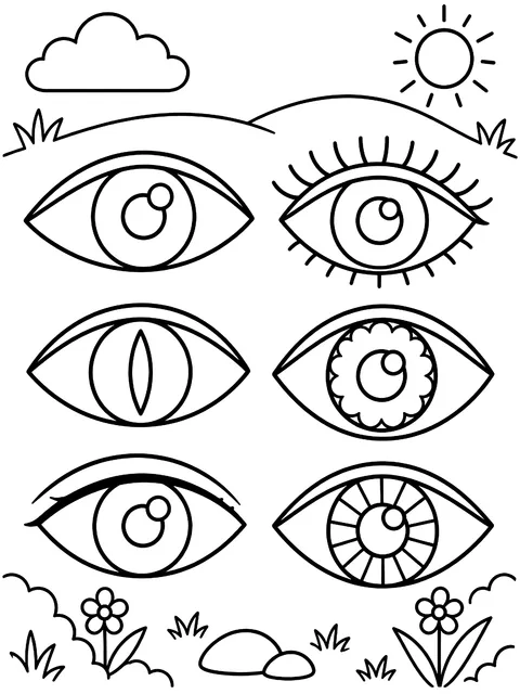Six eye shapes coloring page