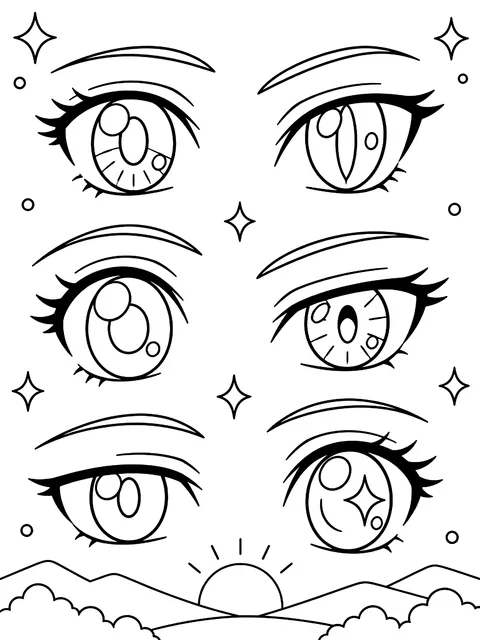 Set of anime-style eyes coloring page
