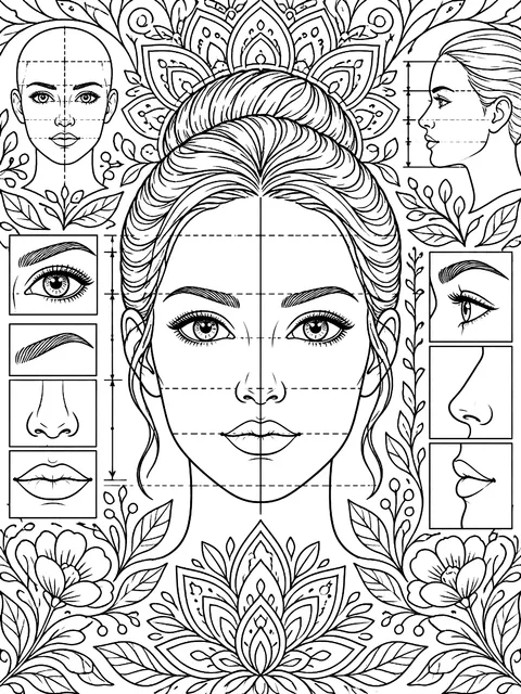 Detailed Face proportions guide coloring page