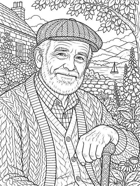 Detailed Grandfather with a flat cap coloring page