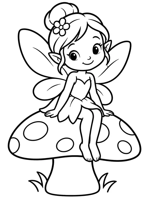 Easy Little fairy sitting on a mushroom coloring page