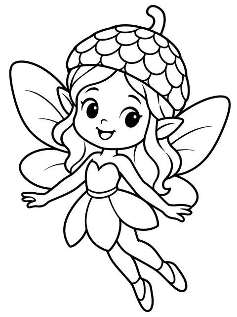 Easy Fairy wearing an acorn cap coloring page