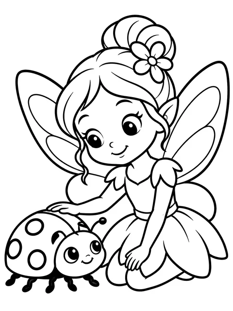 Easy Fairy beside a ladybug coloring page
