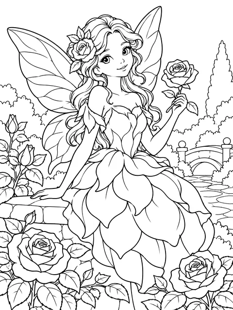 Flower fairy in a rose-petal dress coloring page