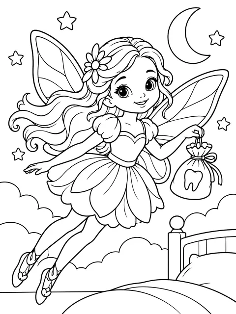 Tooth fairy with her little bag coloring page