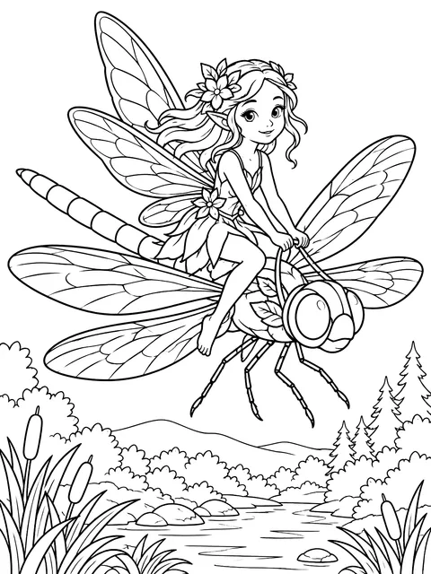 Woodland fairy riding a dragonfly coloring page