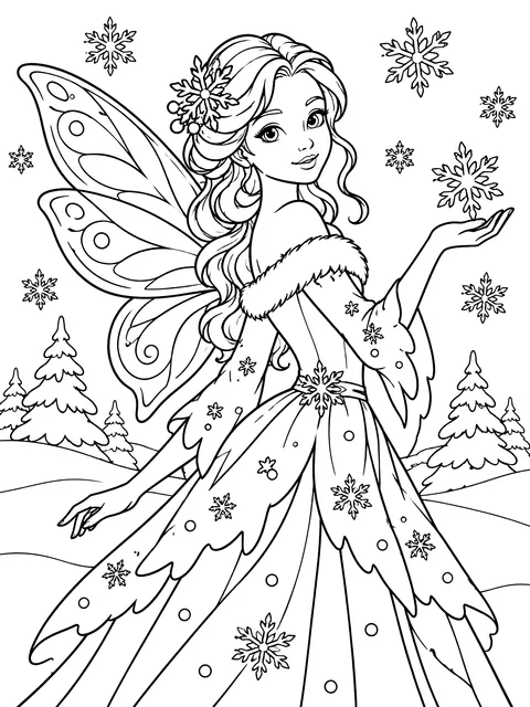 Winter fairy with snowflakes coloring page