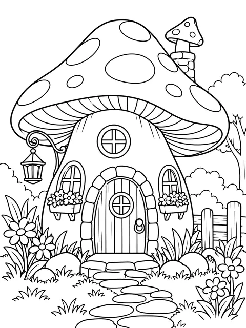 Fairy house with a mushroom roof coloring page