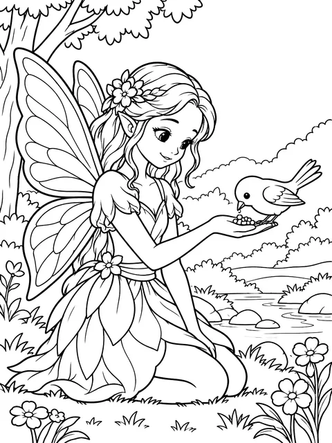 Fairy feeding a bird coloring page