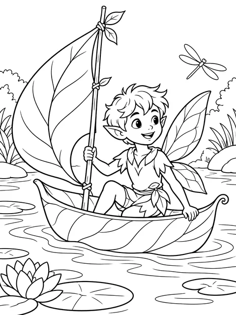 Fairy boy sailing a leaf boat coloring page