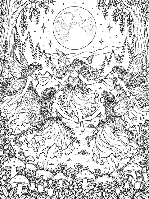 Detailed Fairies dancing in a moonlit fairy ring coloring page