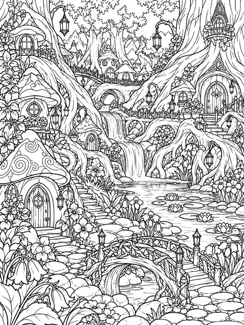 Detailed Fairy village among tree roots coloring page