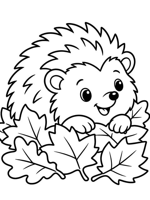 Easy Hedgehog in a leaf pile coloring page