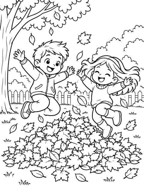 Kids jumping in a leaf pile coloring page