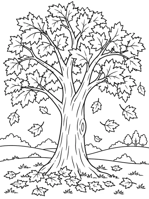 Big fall tree with falling leaves coloring page