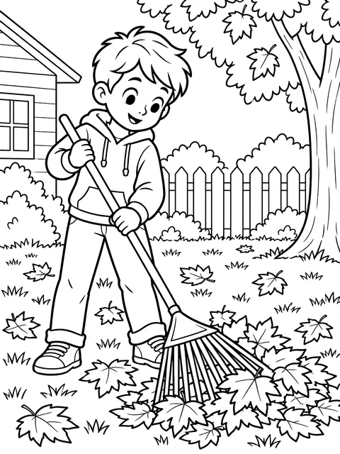 Raking leaves in the yard coloring page